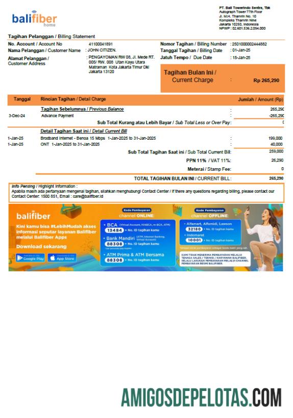 realista Modelo de conta de serviços públicos Balifiber da Indonésia em formatos Word e PDF